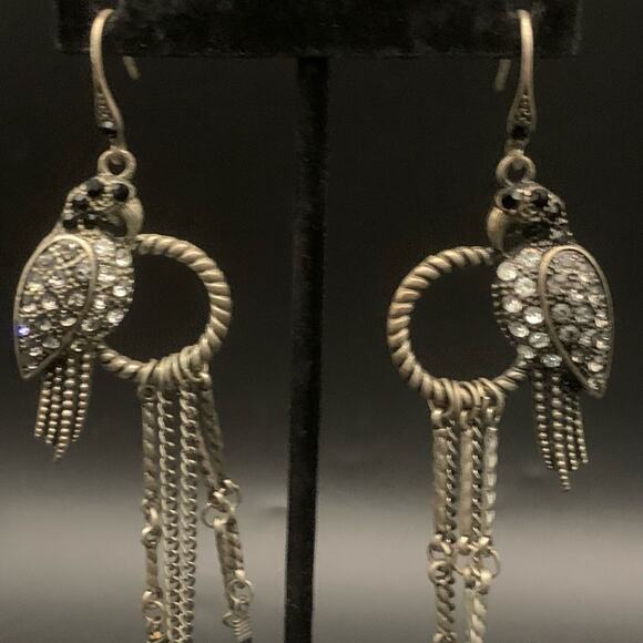 Parrot Black Feather Chandelier Dangle Statement Earrings Rhinestone Chain Link - Picture 2 of 11